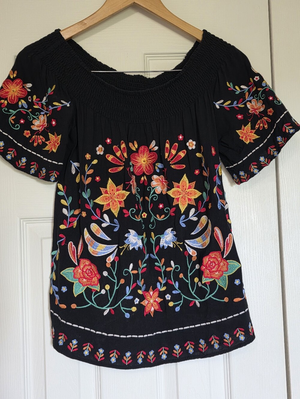 Savanna Jane Black Off-Shoulder Floral Embroidered Tunic Top
